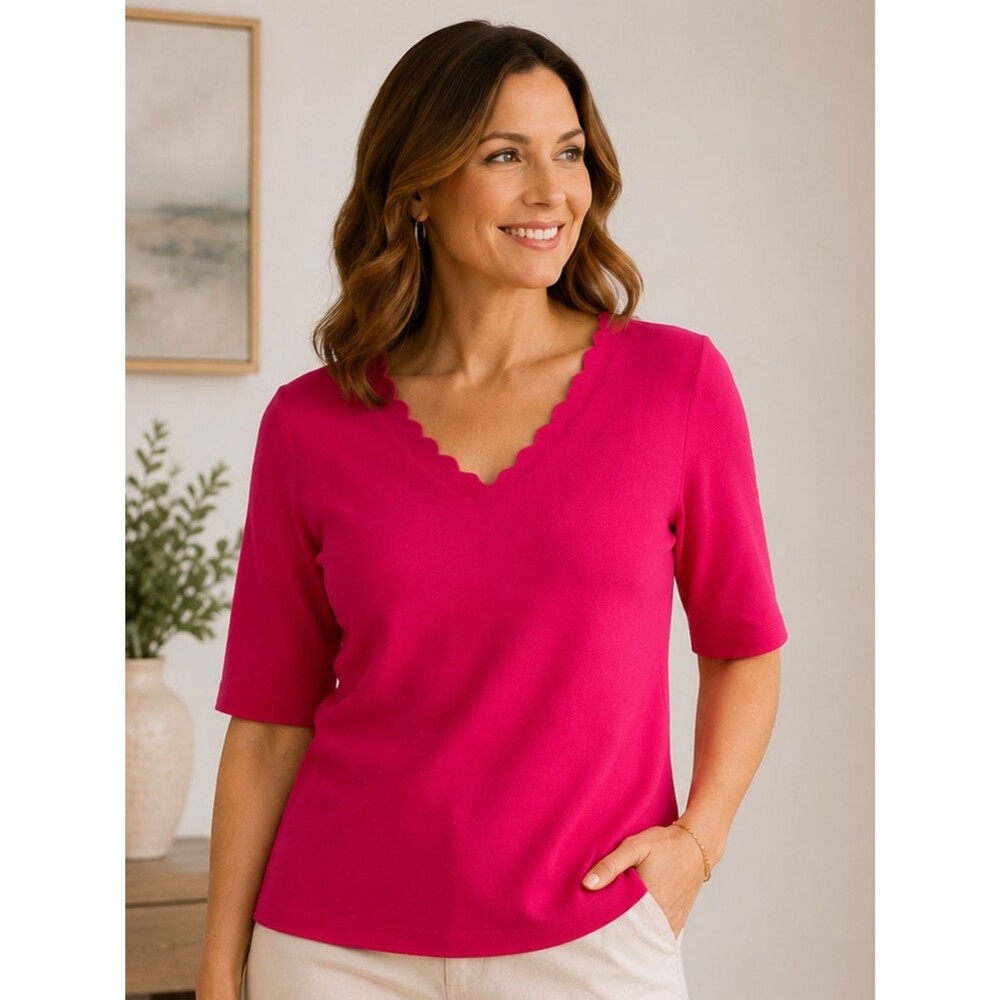 Talbots Pink Top M Scalloped Neck Sweater Knit Short Sleeve Stretch Office Work